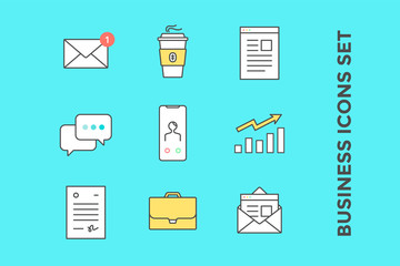 Business icons set. Icons in line style graphic for business theme - mail, envelope, coffee, letter, message chat, smartphone, growth chart, document, briefcase. Vector Illustration