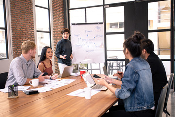 Business people have meeting together at office. Businessman present the project with happy emotion. People working together with casual style at modern office.