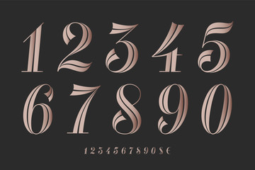 Numbers font. Classical elegant font of numbers with contemporary geometric design. Beautiful elegant retro stencil numeral, dollar and euro symbols. Vintage and retro typographic. Vector Illustration