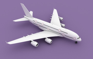 3D illustration airplane of Airbus A380 isolated on violet  pastel color background. Flat lay design. Perspective