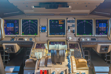 Passenger aircraft interior, engine power control and other aircraft control unit in the cockpit of...