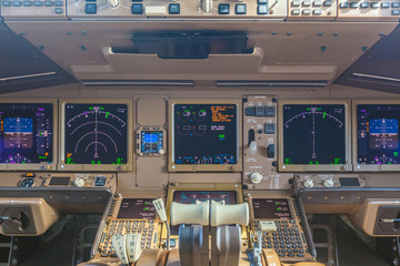 Passenger aircraft interior, engine power control and other aircraft control unit in the cockpit of...