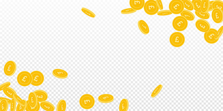 British pound coins falling. Scattered bi GBP coins on transparent background. Fantastic wide corners vector illustration. Jackpot or success concept.