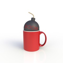 Bomb in red coffee cup isolated on white background. Mock up Template for application design. Exhibition equipment. Set template for the placement of the logo. 3D rendering.