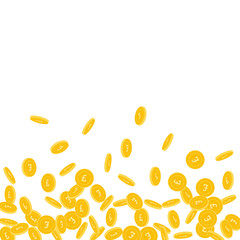 British pound coins falling. Scattered small GBP coins on white background. Overwhelming scatter bottom gradient vector illustration. Jackpot or success concept.