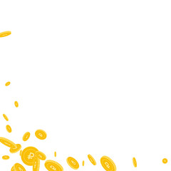 Russian ruble coins falling. Scattered disorderly RUB coins on white background. Unusual abstract left bottom corner vector illustration. Jackpot or success concept.
