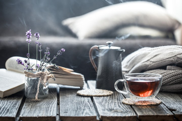still life book and a cup of tea in the living room