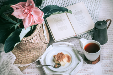 cozy homely breakfast in bed