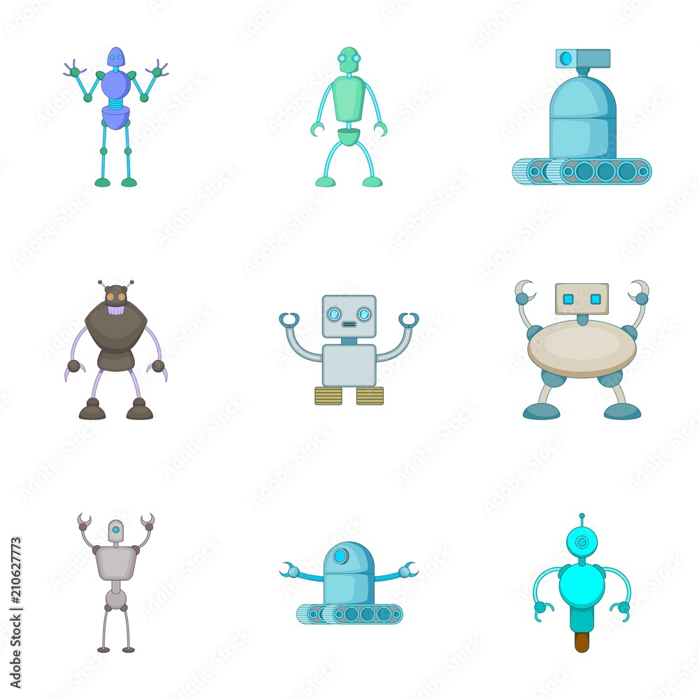 Poster robots invaders icons set. cartoon set of 9 robots invaders vector icons for web isolated on white b