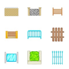 Many fence design elements icons set. Cartoon set of 9 many fence design elements vector icons for web isolated on white background