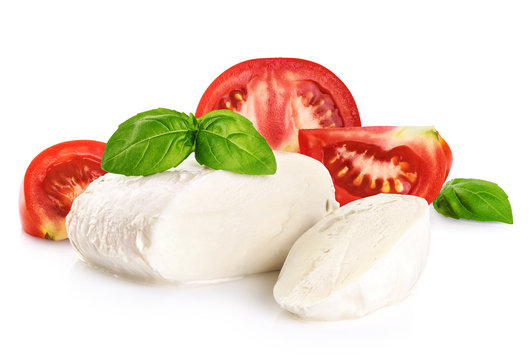 Mozzarella tomatoes and basil isolated on white background.