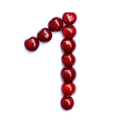 Number one. A figure composed of cherries isolated on a white background.