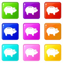 Piggy icons of 9 color set isolated vector illustration