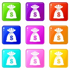 Bag with dollars icons of 9 color set isolated vector illustration