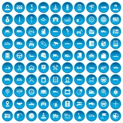 100 auto icons set in blue circle isolated on white vector illustration