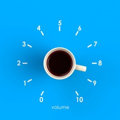 Top view of a cup of coffee in the form of volume control isolated on blue background, Coffee concept illustration, 3d rendering