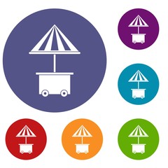 Mobile cart with umbrella for sale food icons set in flat circle red, blue and green color for web