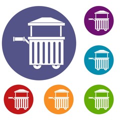 Street food cart icons set in flat circle red, blue and green color for web