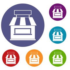 Shop building facade icons set in flat circle red, blue and green color for web