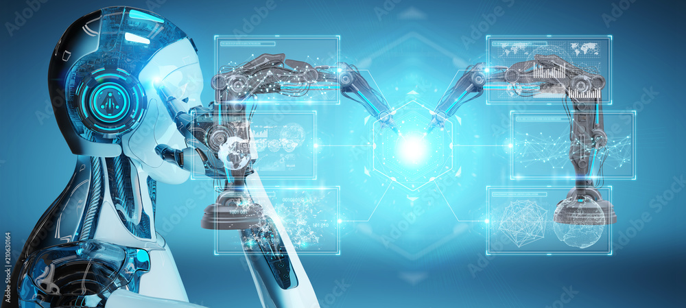 Poster white man robot using robotics arms with digital screen 3d rendering