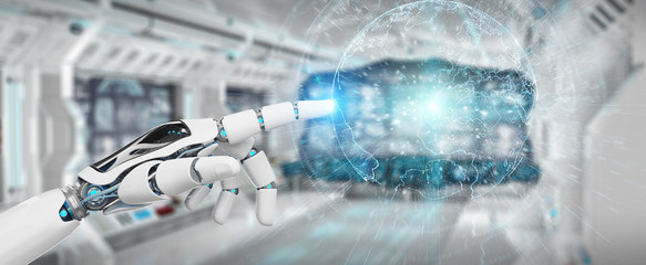 White cyborg hand using planet Earth interface 3D rendering