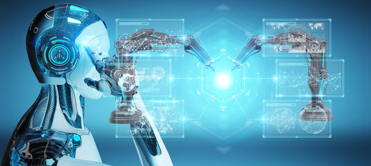 White man robot using robotics arms with digital screen 3D rendering