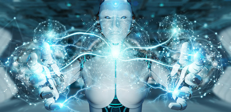White woman humanoid using digital global network 3D rendering