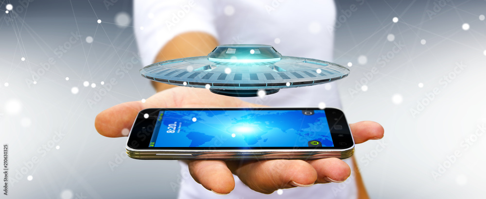 Poster businessman with retro ufo spaceship 3d rendering