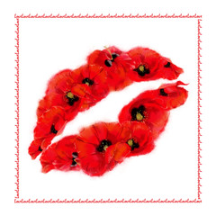 Poppy Lips on White Square Card with Love Message at the Edges.  Flaming Red Poppy Lips Isolated on White for Love, Valentine Day, Wedding, Honeymoon, and Romance Event.