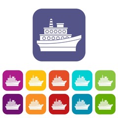 Big ship icons set vector illustration in flat style in colors red, blue, green, and other