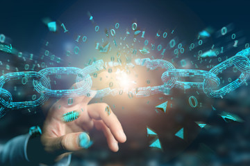 Weak link of a Broken blockchain exploding - 3d render