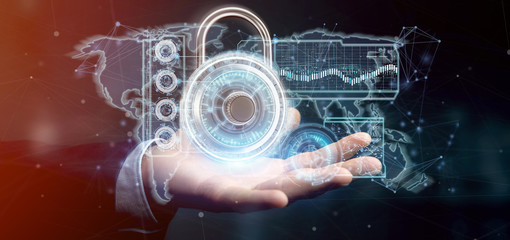 Man holding a padlock security technology interface 3d rendering