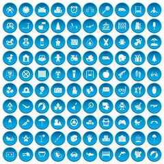100 childhood icons set in blue circle isolated on white vector illustration