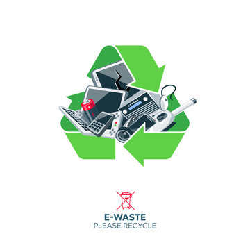 Old Discarded Electronic Waste Inside Green Recycling Symbol. E-waste Concept Illustration With Electrical Devices Such As Computer Monitor, Cell Phone, Television, Video Camera, Keyboard, Mouse. 