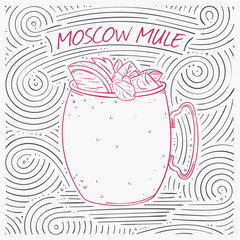 Summer Card With The Lettering - Moscow Mule. Handwritten Swirl Pattern With Cocktail In Glass. - 210631746