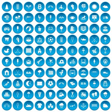 100 childrens playground icons set in blue circle isolated on white vector illustration