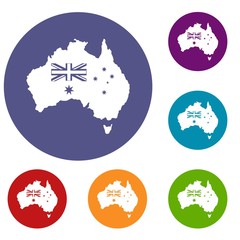 Australia icons set in flat circle red, blue and green color for web