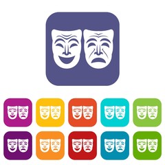 Happy and sad mask icons set vector illustration in flat style in colors red, blue, green, and other