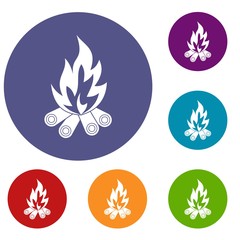 Bonfire icons set in flat circle red, blue and green color for web