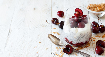 Cherry and yogurt chia pudding parfait