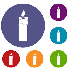 Candle icons set in flat circle red, blue and green color for web