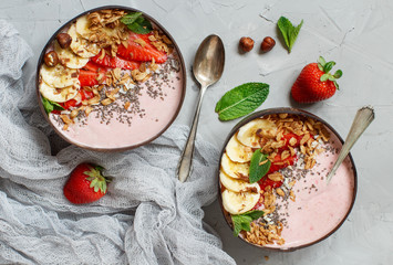 Strawberry and banana smoothie bowls