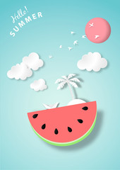 Paper art summer background with watermelon island and coconut tree white origami boat , summer beach view paper cut style vector