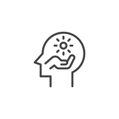 Head with hand hold sun outline icon. linear style sign for mobile concept and web design. Brain inspiration simple line vector icon. Symbol, logo illustration. Pixel perfect vector graphics