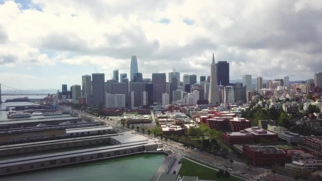 Aerial cityscape flythrough video of San Francisco skyline - Crane Up Shot