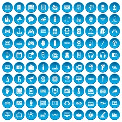 100 device icons set in blue circle isolated on white vector illustration