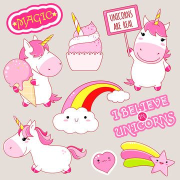 Fototapeta Set of cute unicorns stickers in kawaii style