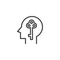 Key in human head outline icon. linear style sign for mobile concept and web design. Open mind simple line vector icon. Unlock symbol, logo illustration. Pixel perfect vector graphics