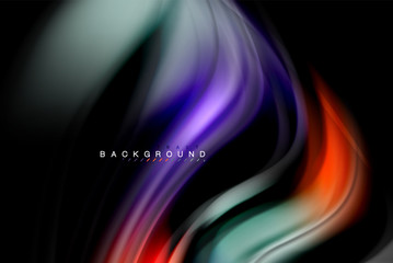 Fluid liquid colors design, colorful marble or plastic wavy texture background, glowing multicolored elements on black, for business or technology presentation or web brochure cover design, wallpaper