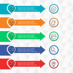 5 steps infographics with arrows for business presentation. Vector infographic template with 5 options, levels, parts, or processes. Workflow layout, flow chart, menu for web design.